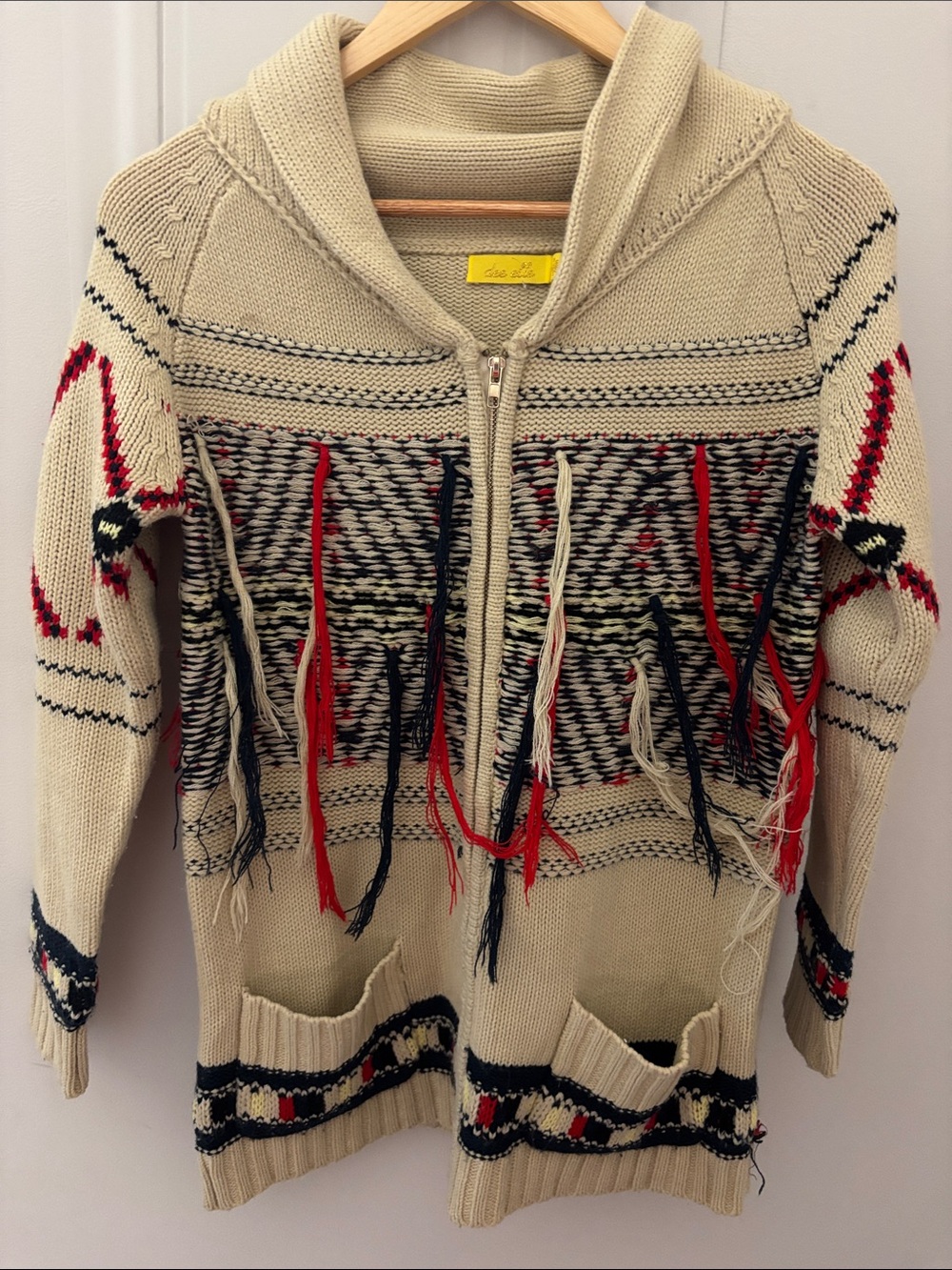 dee elle Beige Knit Fringe Zip Cardigan with Black & Red Accents small
